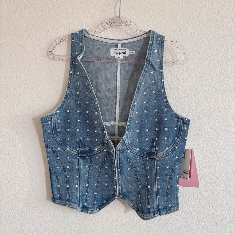 Good American Light Blue Denim Studded Corset Vest